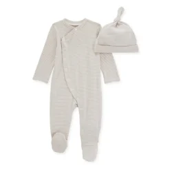 Burt's Bees Baby Burt's Bees Organic Baby Micro Stripe Jumpsuit & Knot Top Hat Set Fossil Clearance